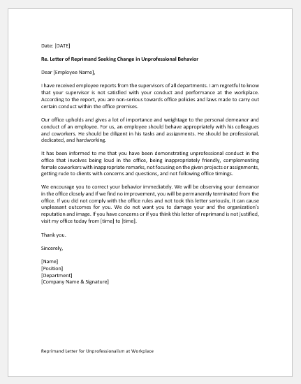 Reprimand Letter for Unprofessionalism at Workplace