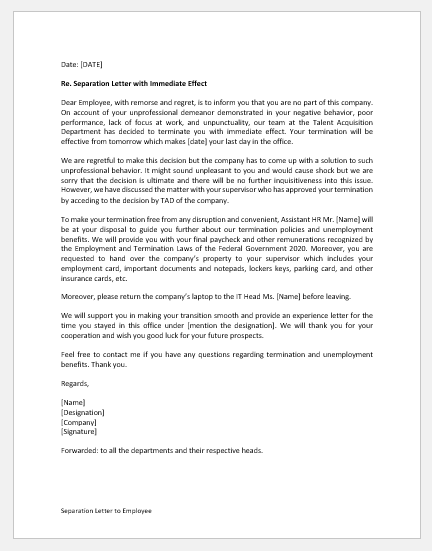 Separation Letter to Employee
