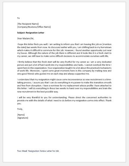 Two-Week’ Resignation Notice Letter for Job