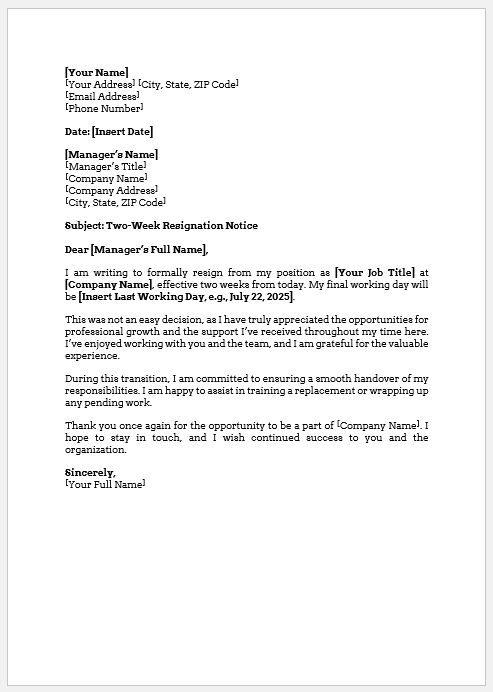 Two-Week Resignation Notice for Job