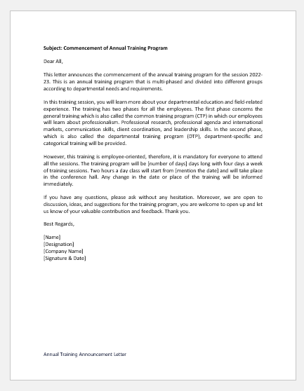 Annual Training Announcement Letter