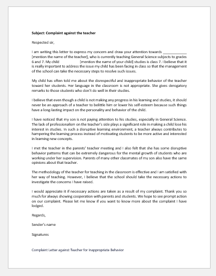 Complaint Letter against Teacher for Inappropriate Behavior