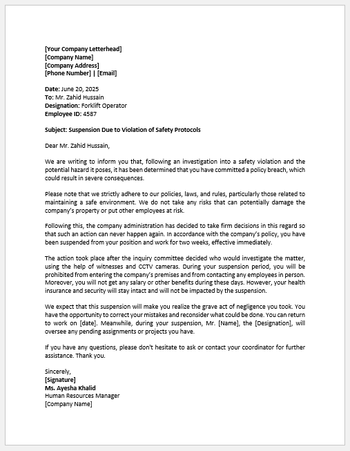 Suspension Letter to Employee for Safety Violation