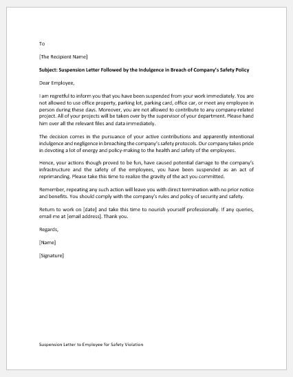 Suspension Letter to Employee for Safety Violation