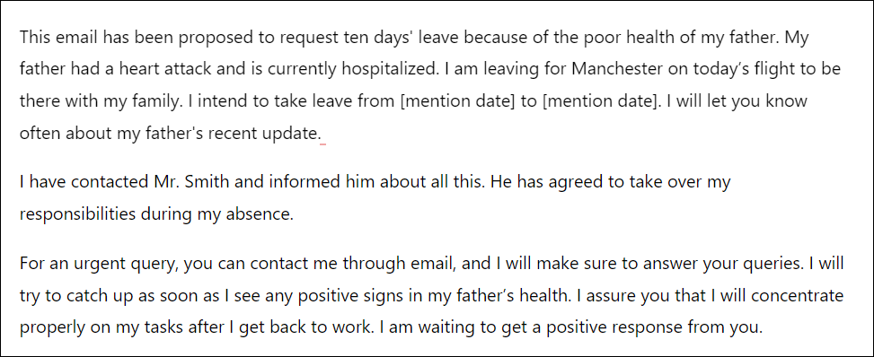Emergency leave letter to boss for father is hospitalized