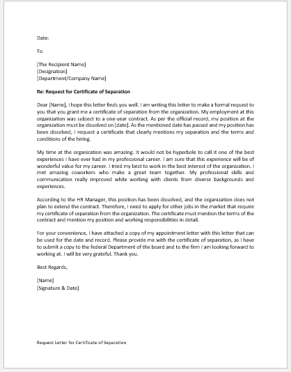 Request Letter for Certificate of Separation