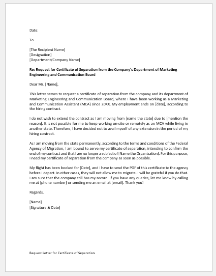 Request Letter for Certificate of Separation