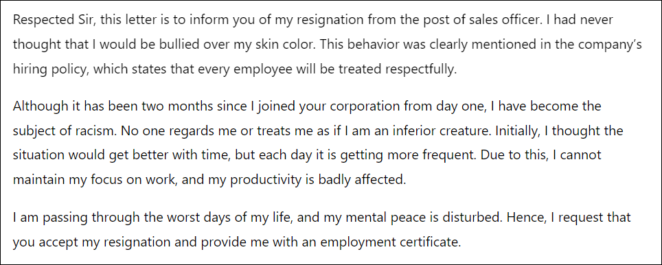 Resignation Letter to Boss because Workplace is Horrible