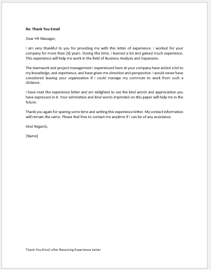 Thank You Email after Receiving Experience Letter