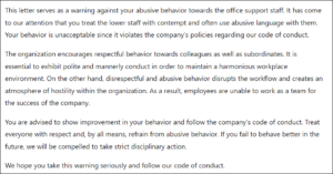 Warning letter for abusive behavior
