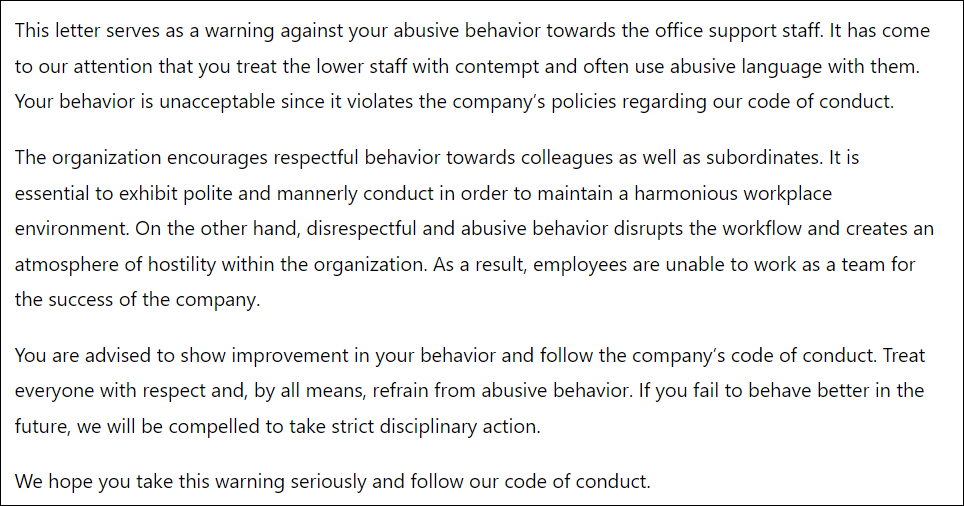 Warning letter for abusive behavior