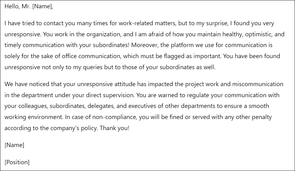 incomplete work warning letter Warning letter to supervisor for unresponsiveness