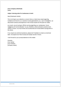 Warning letter for carelessness in work