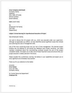 Warning letter for unprofessional execution of project